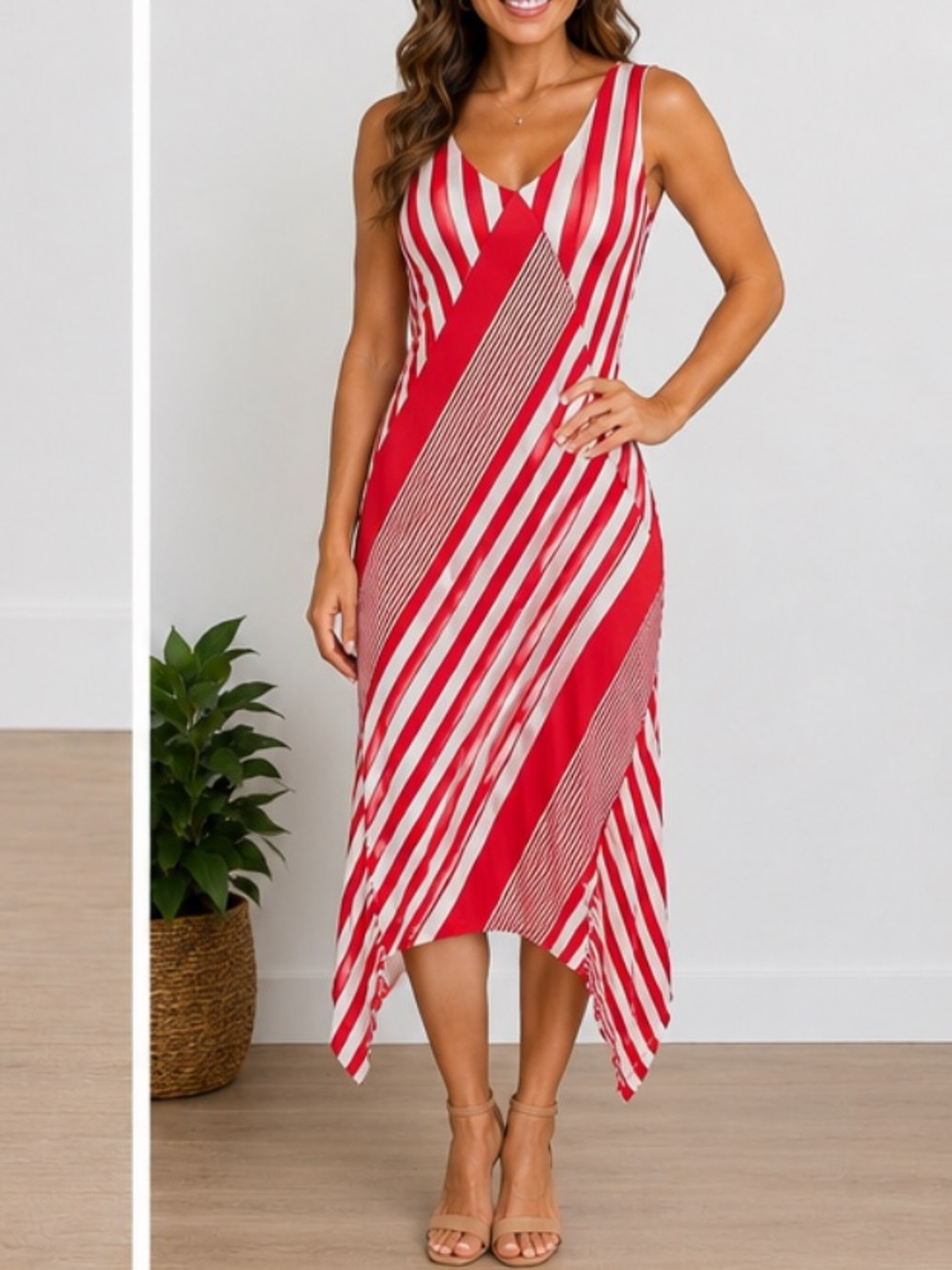 Laurie Felt Los Angeles Red & White Striped Handkerchief Hem Midi Dress Large